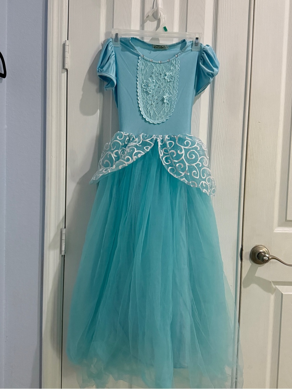 Girls Light Blue Princess Tulle Costume Dress with Lace Appliqué